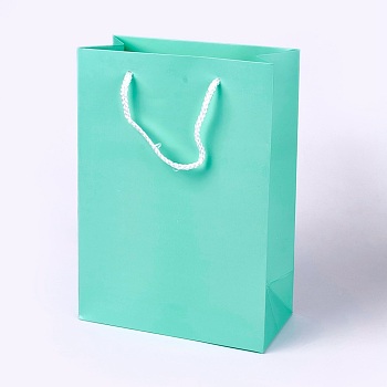 Kraft Paper Bags, with Handles, Gift Bags, Shopping Bags, Rectangle, Aquamarine, 28x20x10.1cm