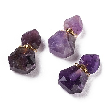 Hexagon Natural Amethyst Perfume Bottle Pendants, with 304 Stainless Steel Findings, Faceted, Golden, 27~27.5x16~17x8mm, Hole: 1.4mm, Capacity: 0.1ml(0.00fl. oz)