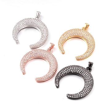 Brass Micro Pave Cubic Zirconia Pendants, Double Horn/Crescent Moon, Lead Free & Nickel Free, Mixed Color, 32x29x5mm, Hole: 4x3mm