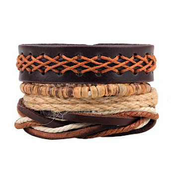 Multi-strand Bracelets, Stackable Bracelets, with Imitation Leather, Waxed Cotton Cord, Wooden Bead and Hemp Rope, Coconut Brown, 60mm(2-3/8 inch), 4strands/set
