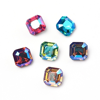 Glass Rhinestone Cabochons, Fluorescent Style,  Pointed Back, Back Plated, Faceted, Square, Mixed Color, 10x10x6.5mm
