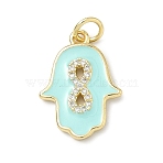 Brass Micro Pave Cubic Zirconia Pendants, with Enamel, Long-Lasting Plated, Rack Plating, Lead Free & Cadmium Free, Hamsa Hand Charms, Real 18K Gold Plated, Pale Turquoise, 18.5x13.5x2mm, Hole: 3mm(KK-H255-09G-01)