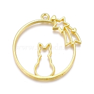 Alloy Open Back Bezel Pendants, For DIY UV Resin, Epoxy Resin, Pressed Flower Jewelry, Flat Round with Cat & 
Meteor, Golden, 41x39.5x2.5mm, Hole: 2.5mm(PALLOY-P182-08G)