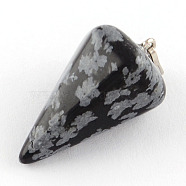 Natural Snowflake Obsidian Stone Pendants with Platinum Plated Iron Findings, Cone Pendulum, 25~27x14x14mm, Hole: 6x3mm(G-R278-71)