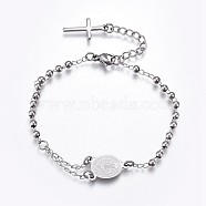 Religion Theme 201 Stainless Steel Charm Bracelets, Oval and Cross, Rosary Center Pieces, Stainless Steel Color, 6-3/4 inch(17~17.2cm), 2.8mm(X-BJEW-P258-15P)