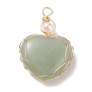 Natural Green Aventurine & Freshwater Pearl Pendants, with Real 18K Gold Plated Copper Wire Wrapped, Heart, 33~36.5x24.5x8.5~11.5mm, Hole: 4mm(PALLOY-JF01661-04)