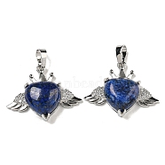 Dyed Natural Lapis Lazuli with Clear Cubic Zirconia Pendants, Heart & Wing Charms with Rack Plating Brass Findings, Platinum, Cadmium Free & Lead Free, 25x31.5x8.5~9mm, Hole: 7.9x5mm(G-G133-02P-20)