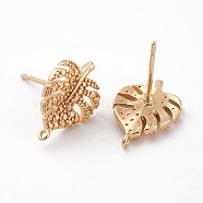 Brass Stud Earring Findings, with Loop, Tropical Theme, Monstera Leaf, Nickel Free, Real 18K Gold Plated, 14.5x10.5mm, Hole: 0.8mm, Pin: 0.8mm(X-KK-S350-424)