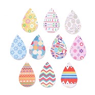 PU Leather Big Teardrop with Bunny Pendants, Easter Theme, with Mixed Pattern, Mixed Color, 55~56.5x35~37x2mm, Hole: 1~2mm(FIND-T058-A-M)
