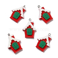Opaque Resin Pendants, with Platinum Tone Iron Loops, Christmas Theme, House, Red, 29x21.5x6mm, Hole: 2mm(RESI-D055-116P)