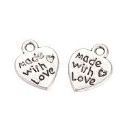 Tibetan Style Alloy Pendants,  Heart with Word Made with Love, For Valentine's Day, Cadmium Free & Lead Free, Antique Silver, 12.5x10x2mm, Hole: 2mm, about 1380pcs/1000g(TIBE-S303-01AS-RS)