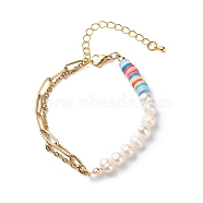 Natural Pearl & Polymer Clay Beaded Bracelet with 304 Stainless Steel Paperclip Chains for Women, Colorful, 7-1/4 inch(18.5cm)(BJEW-JB08844)