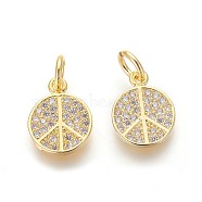 Brass Micro Pave Cubic Zirconia Charms, Lead Free & Cadmium Free, Clear, Peace Sign, Golden, 11x9x2mm, Hole: 3mm(X-ZIRC-J021-02G-RS)