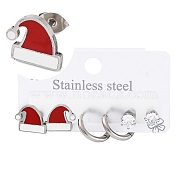 3 Pairs 3 Styles Christmas 304 Stainless Steel Hoop & Studs Earrings Set for Women, with Enamel & Cubic Zirconia, Stainless Steel Color, Hat, 6~10x6~12mm, 1 pair/style(EJEW-K279-12D-P)