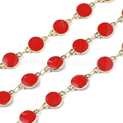 Handmade Alloy Enamel Flat Round Link Chains, with Spool, Soldered, Long-Lasting Plated, Lead Free & Cadmium Free, Golden, Red, 13x8x2.3mm, about 16.4 Feet(5m)/roll(ENAM-F138-03B-RS)