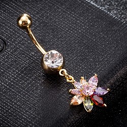 Brass Cubic Zirconia Navel Ring, Belly Rings, with 304 Stainless Steel Bar, Cadmium Free & Lead Free, Real 18K Gold Plated, Flower, Colorful, 38x16mm, Bar: 15 Gauge(1.5mm), Bar Length: 3/8"(10mm)(AJEW-EE0004-31B)