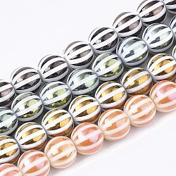 Electroplate Glass Beads Strands, Round with Stripe, Mixed Color, 10x9.5mm, Hole: 1.2mm, about 30pcs/strand, 11.2 inch(EGLA-S177-11B-M)