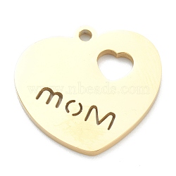 Ion Plating(IP) 304 Stainless Steel Pendants, Heart with Word Mom, for Mother's Day, Real 18K Gold Plated, 19x20x1.5mm, Hole: 1.6mm(STAS-B016-08G)