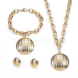 304 Stainless Steel Jewelry Sets, Pendant Necklaces & Charm Bracelets & Stud Earrings, Flat Round, Golden, 17.72 inch(45cm), 8-1/4  inch(210mm), 13mm, Pin: 0.8mm(SJEW-E071-02G)