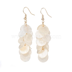 Natural Capiz Shell Cluster Earrings, with Brass Earring Hooks, Flat Round, Golden, Seashell Color, 65x16mm, Pin: 0.7mm(EJEW-JE04472)