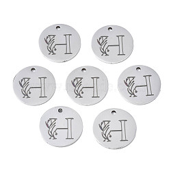 304 Stainless Steel Charms, Laser Cut, Designed Letter Engraved, Flat Round, Stainless Steel Color, Letter.H, 14x1mm, Hole: 1.2mm(STAS-T059-26P-H)