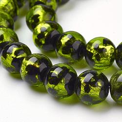 Handmade Silver Foil Lampwork Beads Strands, Polka Dot Pattern, Round, Green Yellow, 10mm, Hole: 2mm, 39pcs/strand, 14.37 inch(FOIL-L016-A02)