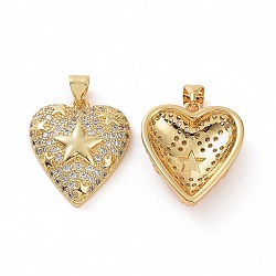 Brass Micro Pave Clear Cubic Zirconia Pendants, Heart with Star, Golden, 21x17x6mm, Hole: 3.5x5mm(ZIRC-F135-13G)