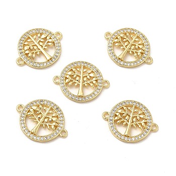 Brass Micro Pave Clear Cubic Zirconia Connector Charms, Flat Round Links with Tree of Life, Real 18K Gold Plated, 22x17x2.5mm, Hole: 1.5mm