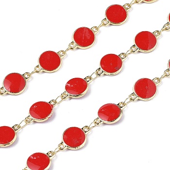 Handmade Alloy Enamel Flat Round Link Chains, with Spool, Soldered, Long-Lasting Plated, Lead Free & Cadmium Free, Golden, Red, 13x8x2.3mm, about 16.4 Feet(5m)/roll