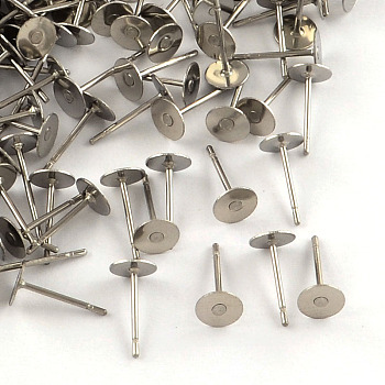 316 Surgical Stainless Steel Flat Round Blank Peg Stud Earring Settings, Stainless Steel Color, Tray: 5mm, 10x5mm, Pin: 0.8mm