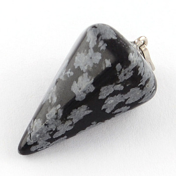 Natural Snowflake Obsidian Stone Pendants with Platinum Plated Iron Findings, Cone Pendulum, 25~27x14x14mm, Hole: 6x3mm