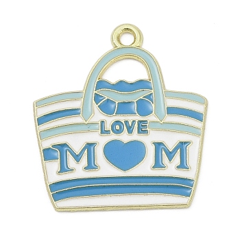 Mother's Day Alloy Enamel Pendants, Handbag with Word Love Mon, Light Sky Blue, 26x23x1mm, Hole: 1.8mm