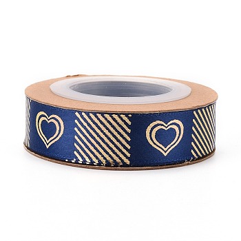 Polyester Ribbons, Single Face Golden Hot Stamping, for Gifts Wrapping, Party Decoration, Heart Pattern, Marine Blue, 5/8 inch(17mm), 10yards/roll(9.14m/roll)