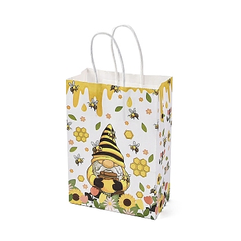 Bees Theme Rectangle Paper Bags, with Handles, for Gift Bags and Shopping Bags, Yellow, Gnome, Bag: 8x15x21cm, Fold: 210x150x2mm