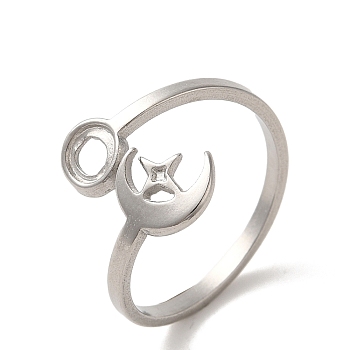 304 Stainless Steel Cuff Ring, Star & Moon, Stainless Steel Color, US Size 7 1/2(17.7mm)