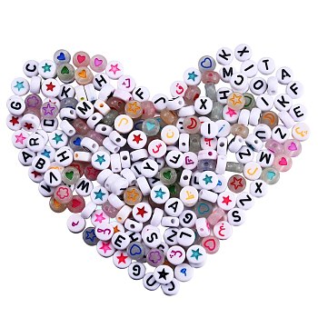 1000Pcs 5 Style Acrylic Beads, Flat Round with Arabic Alphabet & Star & Letter & Flower & Heart & Moon, Colorful, 7x3.5~4mm, hole: 1.2~1.5mm