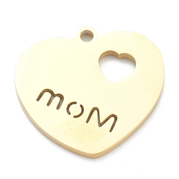 Ion Plating(IP) 304 Stainless Steel Pendants, Heart with Word Mom, for Mother's Day, Real 18K Gold Plated, 19x20x1.5mm, Hole: 1.6mm