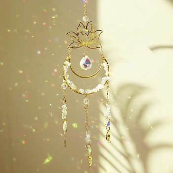 Wire Wrapped Natural Quartz Crystal Chips & Metal Moon/Lotus Pendant Decorations, Hanging Suncatchers, with Glass Charm, Golden, 440x69mm