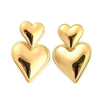 304 Stainless Steel Double Heart Dangle Stud Earrings for Women, Golden, 32.5x20mm