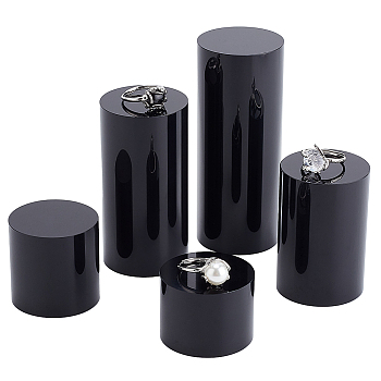 5Pcs 5 Styles Column Opaque Acrylic Jewelry Display Pedestals, for Small Jewelry, Cosmetic Showing, Black, 4x3~10cm, 1pc/style