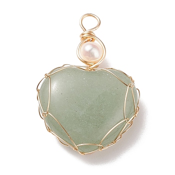 Natural Green Aventurine & Freshwater Pearl Pendants, with Real 18K Gold Plated Copper Wire Wrapped, Heart, 33~36.5x24.5x8.5~11.5mm, Hole: 4mm