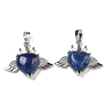 Dyed Natural Lapis Lazuli with Clear Cubic Zirconia Pendants, Heart & Wing Charms with Rack Plating Brass Findings, Platinum, Cadmium Free & Lead Free, 25x31.5x8.5~9mm, Hole: 7.9x5mm