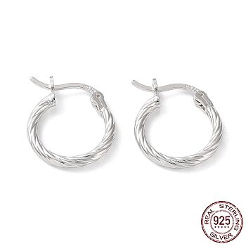 Rhodium Plated 925 Sterling Silver Hoop Earrings, Twisted Round Ring, with S925 Stamp, Real Platinum Plated, 19x2x15mm