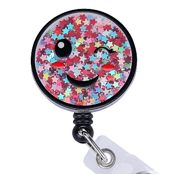 Sequin Quicksand Effect Acrylic & ABS Plastic Badge Reel, Retractable Badge Holder, Smiling Face, 92mm, Smiling Face: 40mm