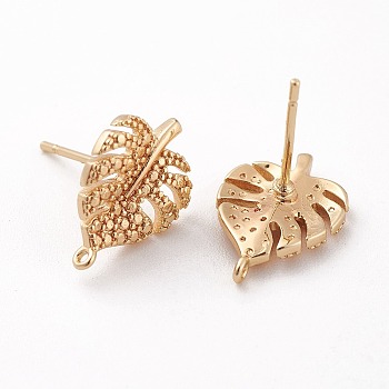 Brass Stud Earring Findings, with Loop, Tropical Theme, Monstera Leaf, Nickel Free, Real 18K Gold Plated, 14.5x10.5mm, Hole: 0.8mm, Pin: 0.8mm