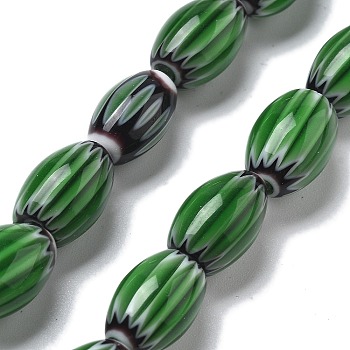 Handmade Millefiori Lampwork Beads Strands, Rice, Green, 11~12x7~8mm, Hole: 0.9mm, about 31pcs/strand, 13.98~14.37 inch(35.5~36.5cm)