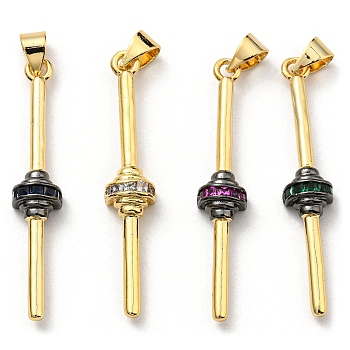 Brass with Cubic Zirconia Pendants, Long-Lasting Plated, Lead Free & Cadmium Free, Real 18K Gold Plated, Stick, Mixed Color, 35.5x6.5x5mm, Hole: 3x4.5mm