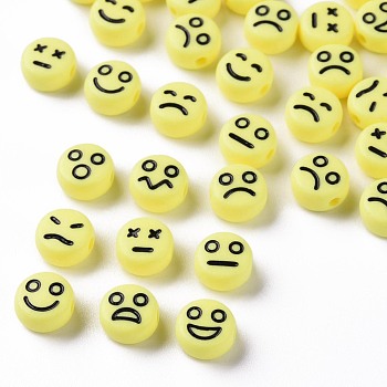 Opaque Champagne Yellow Acrylic Beads, Flat Round with Black Random Expression, 7x4mm, Hole: 1.6mm, about 3650pcs/500g