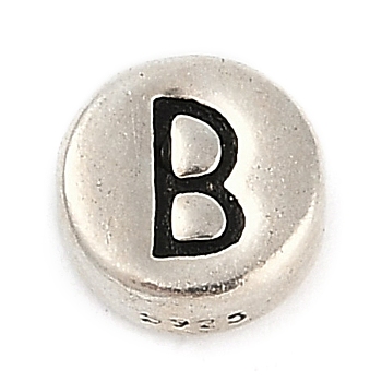 925 Sterling Silver Flat Round with Letter Beads, with 925 Stamp, Antique Silver, Letter B, 6.5x3mm, Hole: 1.2mm