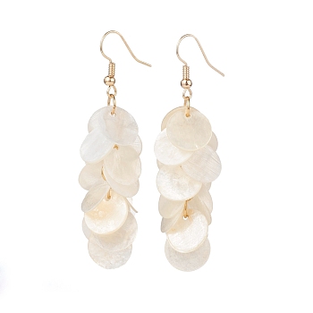 Natural Capiz Shell Cluster Earrings, with Brass Earring Hooks, Flat Round, Golden, Seashell Color, 65x16mm, Pin: 0.7mm